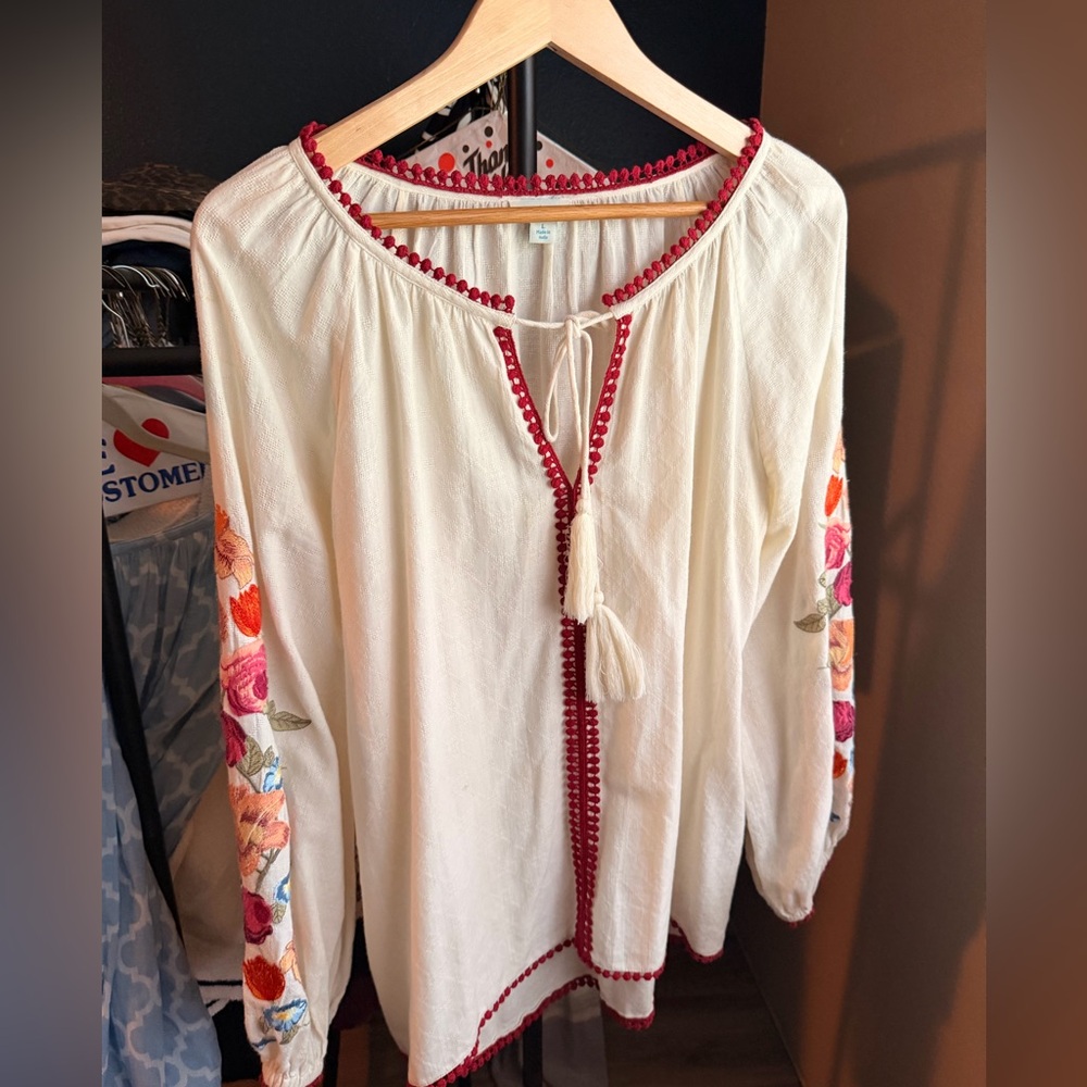 Sundance Cream Blouse with Red Trim and Floral Sleeves